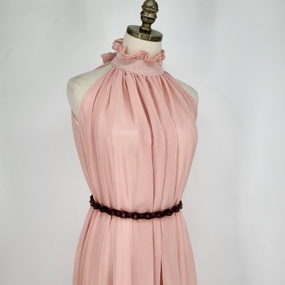 Vintage Handmade Maxi Dress Sleeveless High Neck Ruffled Bow Blush Pink - Picture 2 of 5